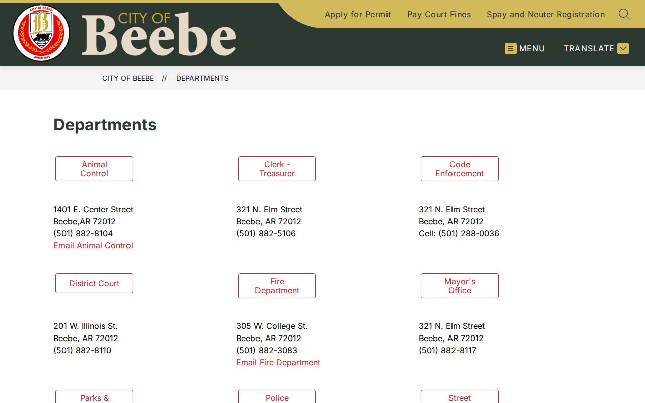 Official Beebe departments page showing City Hall navigation