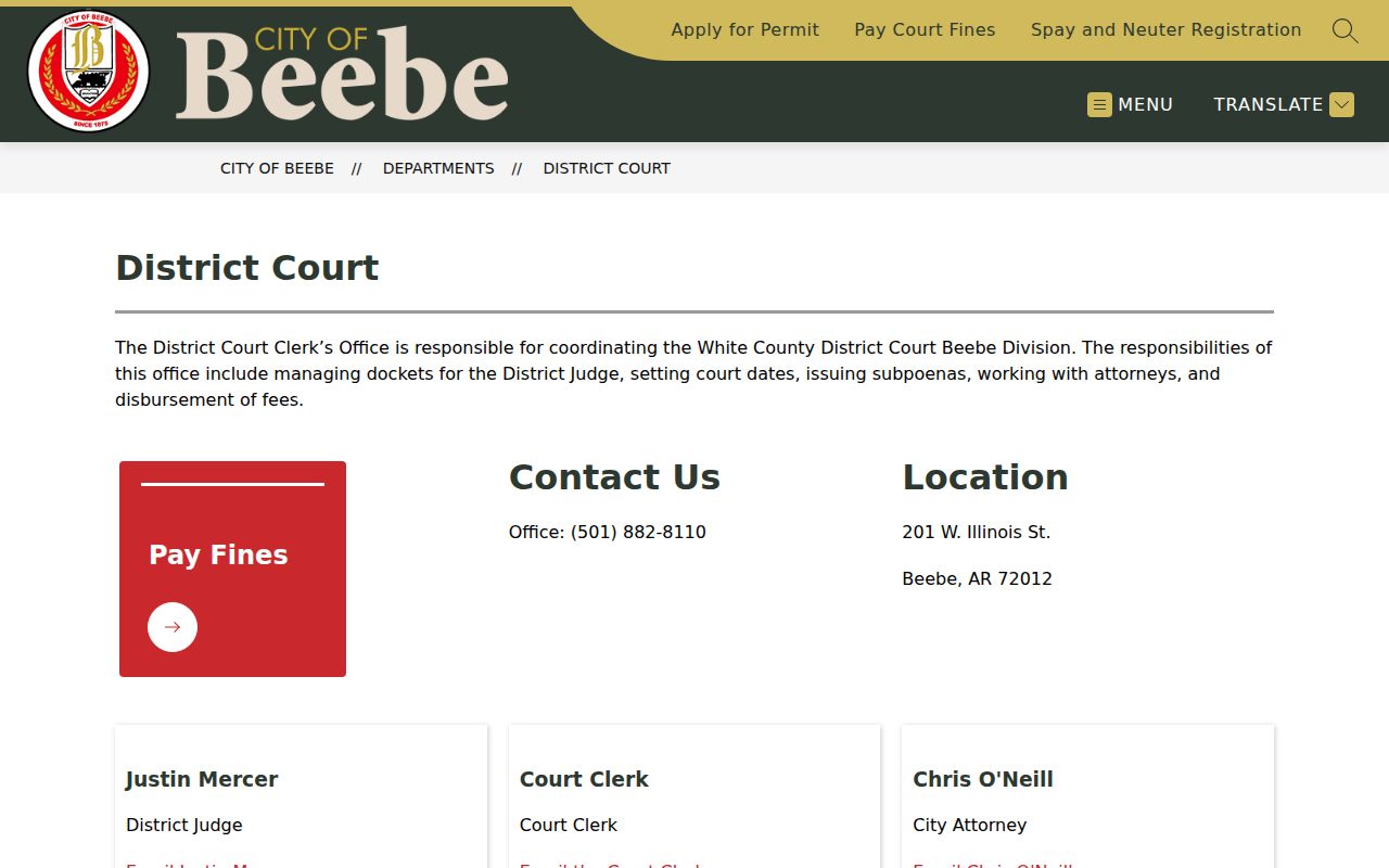 Official Beebe District Court page with court contact details