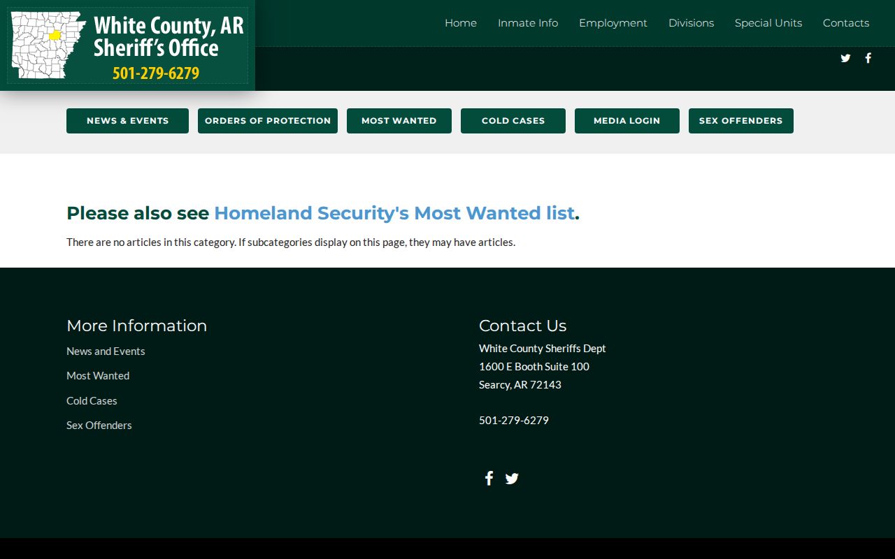 Official White County Sheriff's Office Most Wanted category showing no current articles